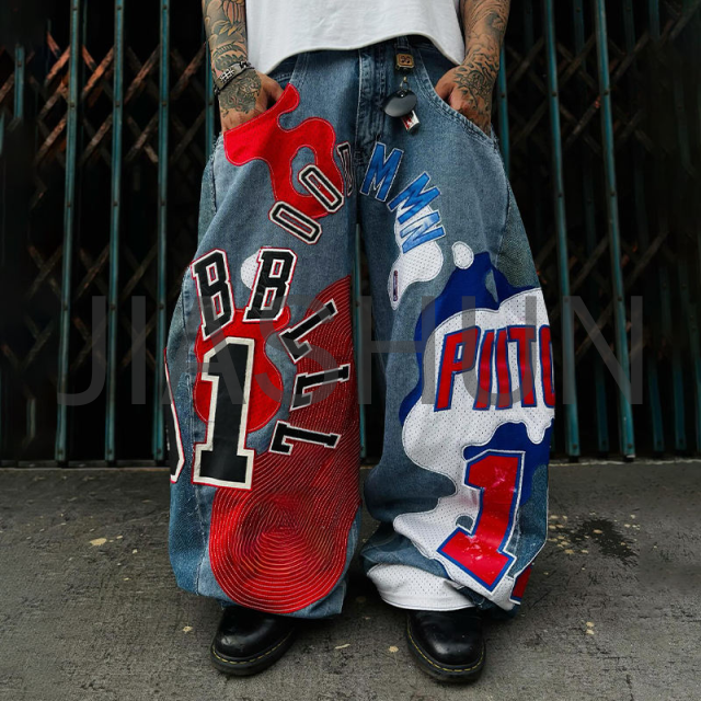 Oversized Baggy Flared Jeans with Letter Patchwork and Embroidery