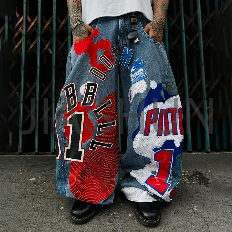 Oversized Baggy Flared Jeans with Letter Patchwork and Embroidery