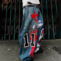 Oversized Baggy Flared Jeans with Letter Patchwork and Embroidery