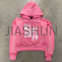 Vintage 100% Cotton Pocket Hoodie with Rhinestone DTG Print