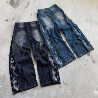 Washed Loose Wide Leg Baggy Jeans with Embroidery and Zipper