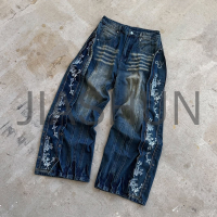 Washed Loose Wide Leg Baggy Jeans with Embroidery and Zipper