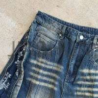 Washed Loose Wide Leg Baggy Jeans with Embroidery and Zipper