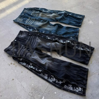 Washed Loose Wide Leg Baggy Jeans with Embroidery and Zipper