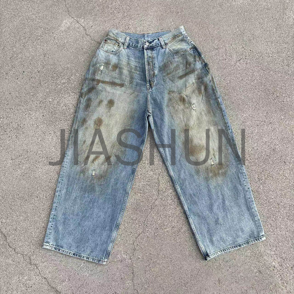 Acid Wash Distressed Loose Mid-Waist Straight Denim Pants