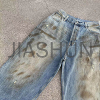 Acid Wash Distressed Loose Mid-Waist Straight Denim Pants