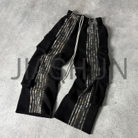 Vintage Stripe Distressed Baggy Sweatpants with Embroidery Patch