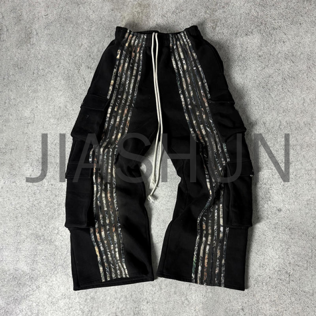 Vintage Stripe Distressed Baggy Sweatpants with Embroidery Patch