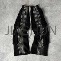 Vintage Stripe Distressed Baggy Sweatpants with Embroidery Patch