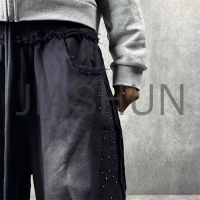 Vintage Washed Wide Leg Sweatpants with Rhinestone