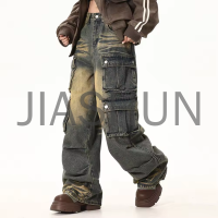 Stone Washed Baggy Heavyweight Multi-Pocket Denim Cargo Pants