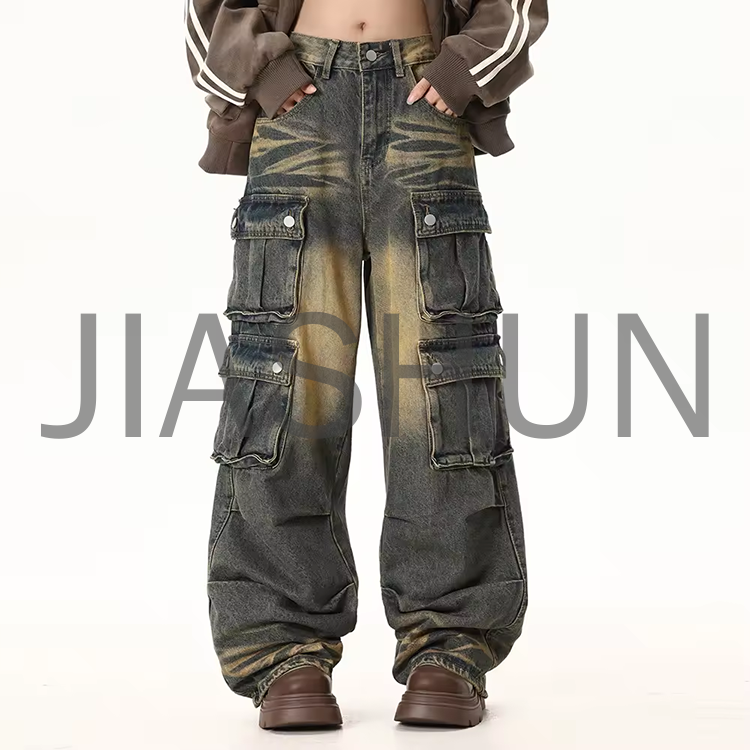 Stone Washed Baggy Heavyweight Multi-Pocket Denim Cargo Pants