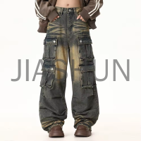 Stone Washed Baggy Heavyweight Multi-Pocket Denim Cargo Pants