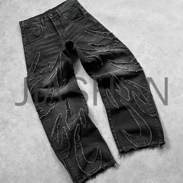 Faded Baggy Jeans with Applique Patch Design