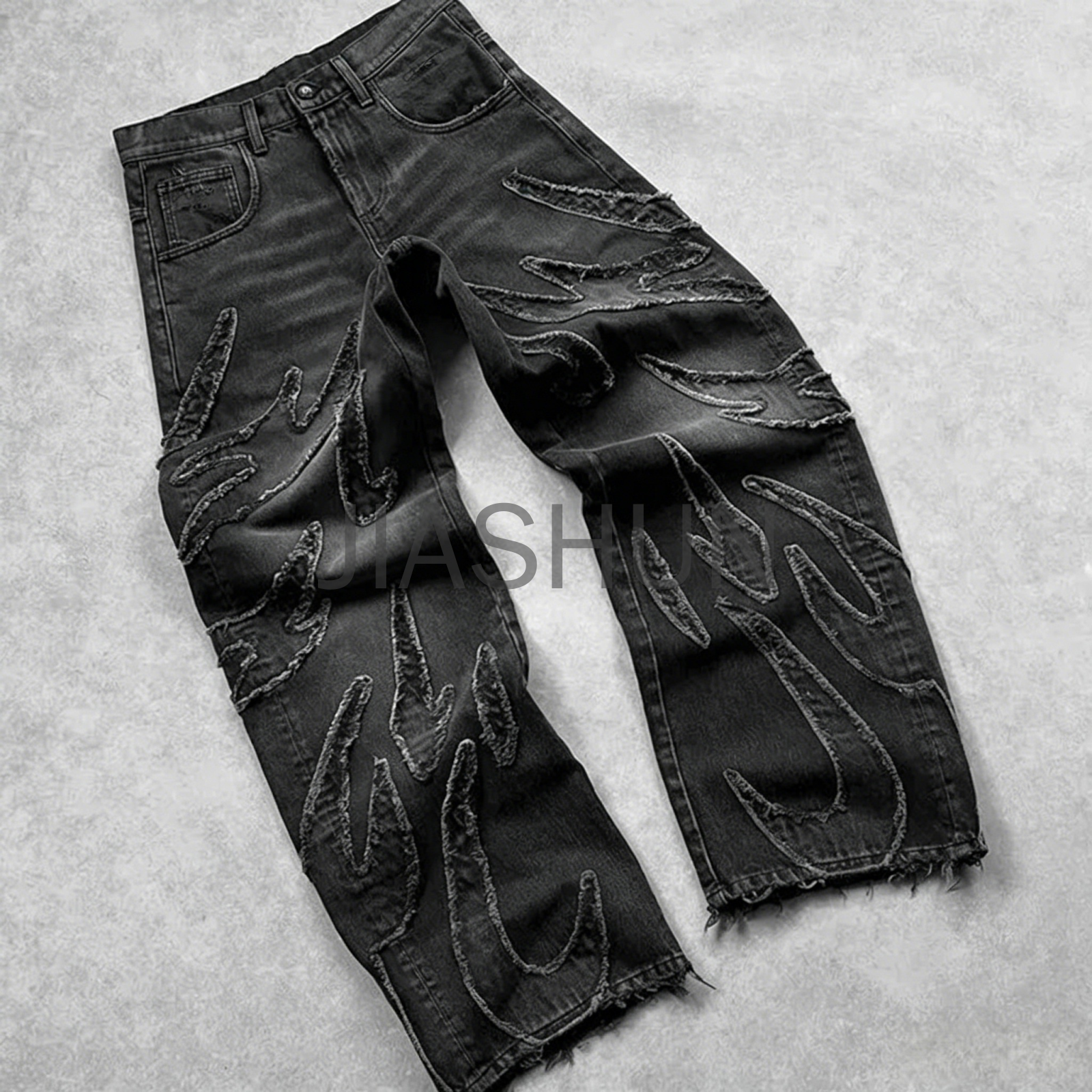 Faded Baggy Jeans with Applique Patch Design