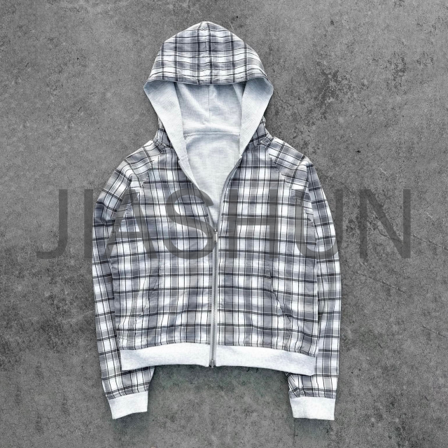 Boxy Flannel Waffle Knit Reversible Double Layer Plaid Zip Hoodie