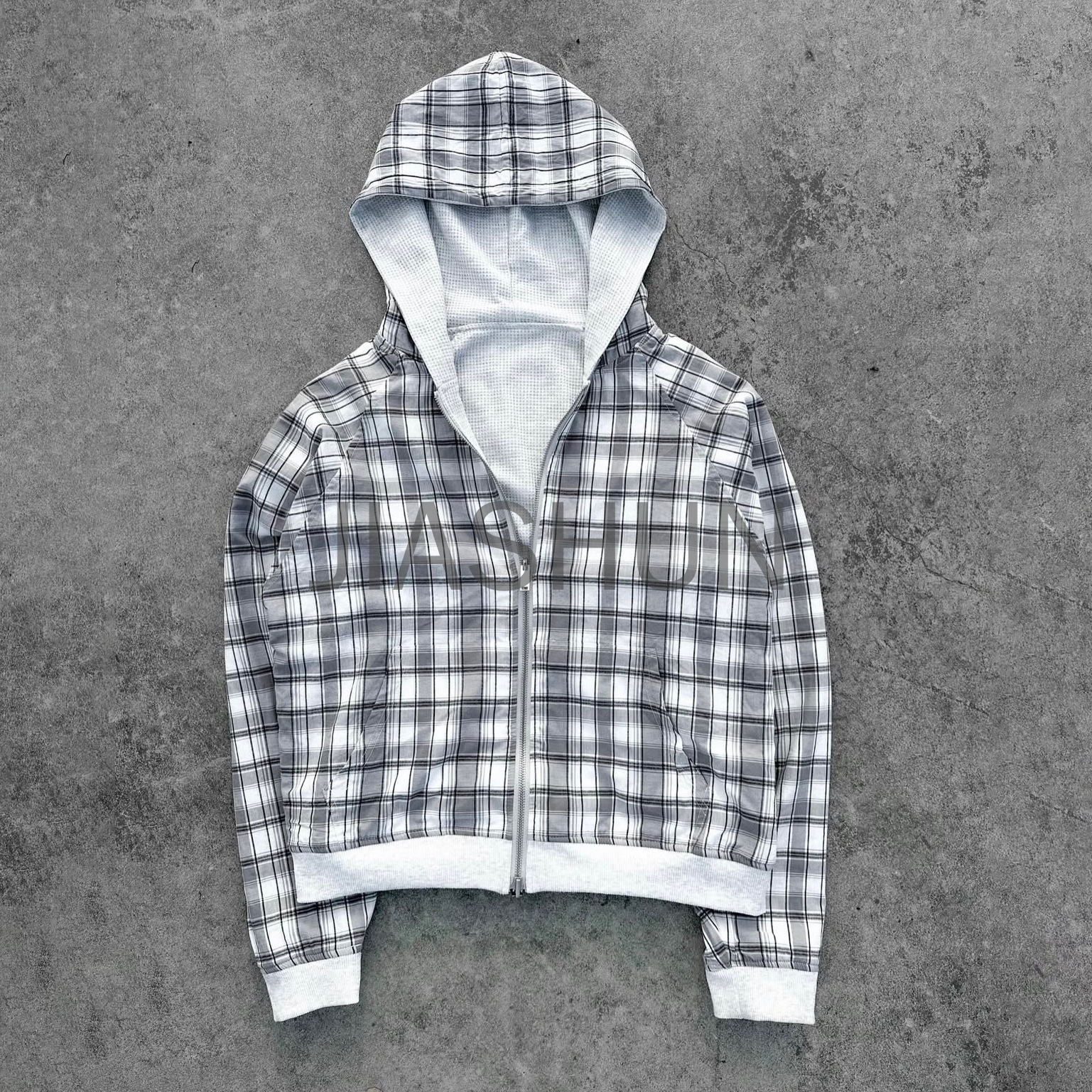Boxy Flannel Waffle Knit Reversible Double Layer Plaid Zip Hoodie