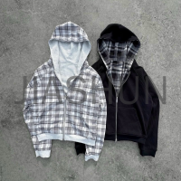 Boxy Flannel Waffle Knit Reversible Double Layer Plaid Zip Hoodie