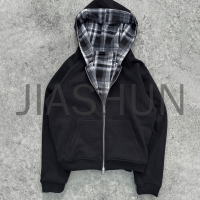 Boxy Flannel Waffle Knit Reversible Double Layer Plaid Zip Hoodie