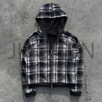 Boxy Flannel Waffle Knit Reversible Double Layer Plaid Zip Hoodie