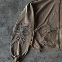 Acid Wash French Terry Boxy Diamond Sun Rhinestone Zip-Up Hoodie