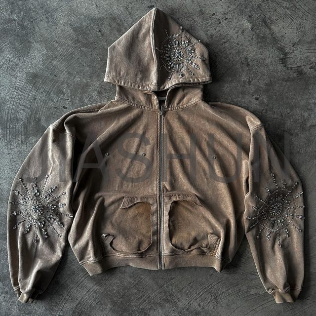 Acid Wash French Terry Boxy Diamond Sun Rhinestone Zip-Up Hoodie