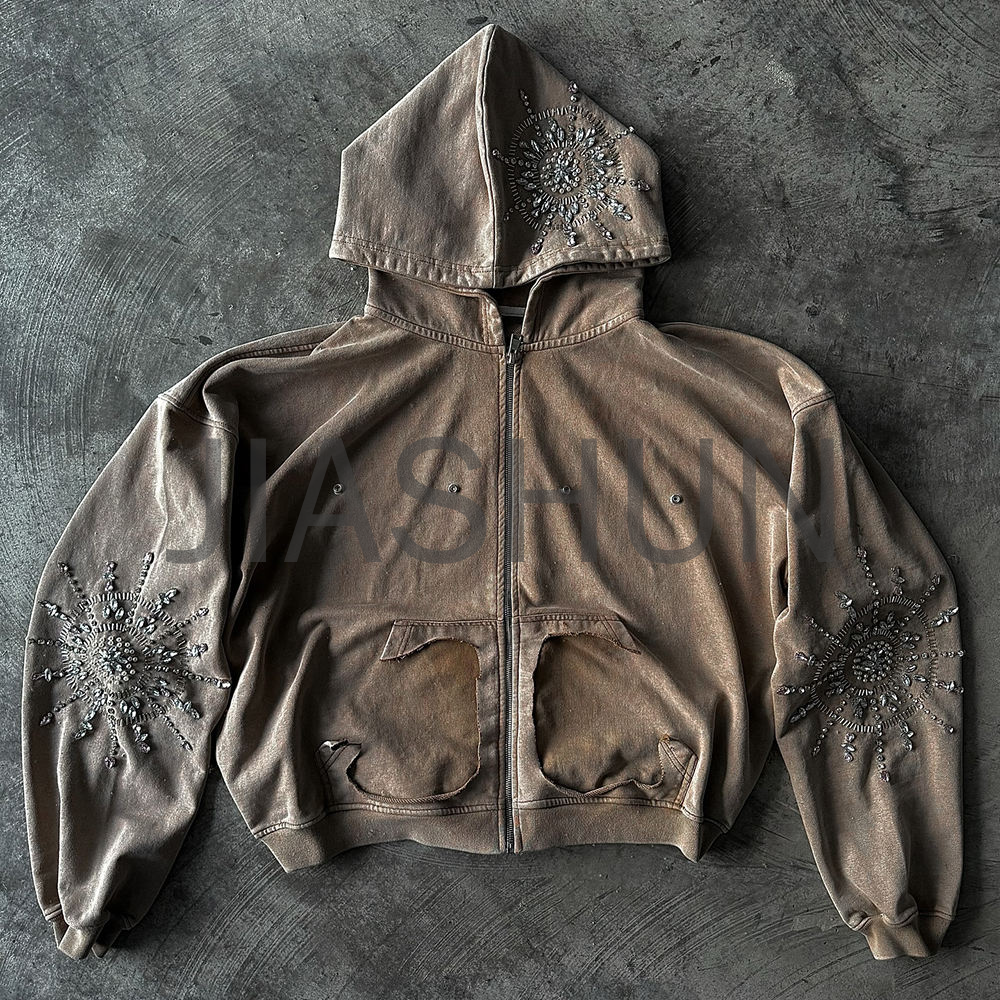 Acid Wash French Terry Boxy Diamond Sun Rhinestone Zip-Up Hoodie