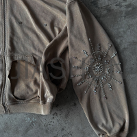 Acid Wash French Terry Boxy Diamond Sun Rhinestone Zip-Up Hoodie