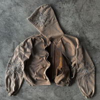 Acid Wash French Terry Boxy Diamond Sun Rhinestone Zip-Up Hoodie