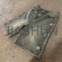 Acid Washed Baggy Denim Shorts with Rhinestone