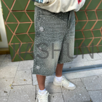Acid Washed Baggy Denim Shorts with Rhinestone