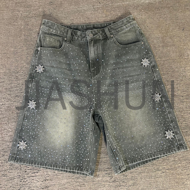 Acid Washed Baggy Denim Shorts with Rhinestone