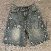 Acid Washed Baggy Denim Shorts with Rhinestone
