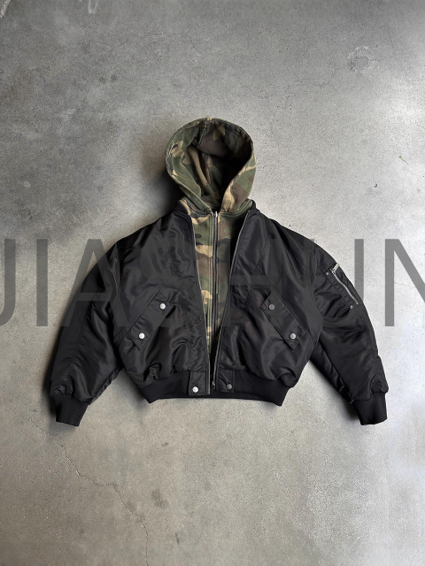 Loose Fit Camouflage Zipper Reversible Hooded Puffer Jacket