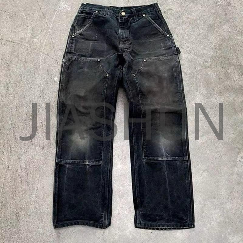 Vintage Denim Carpenter Cargo Pants with Double Knee