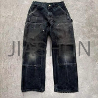 Vintage Denim Carpenter Cargo Pants with Double Knee