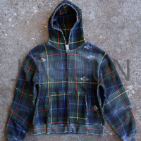 Vintage Wash Oversized Plaid Waffle Knit Zip Up Hoodie
