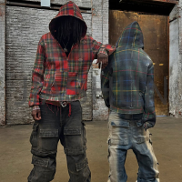 Vintage Wash Oversized Plaid Waffle Knit Zip Up Hoodie