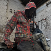 Vintage Wash Oversized Plaid Waffle Knit Zip Up Hoodie