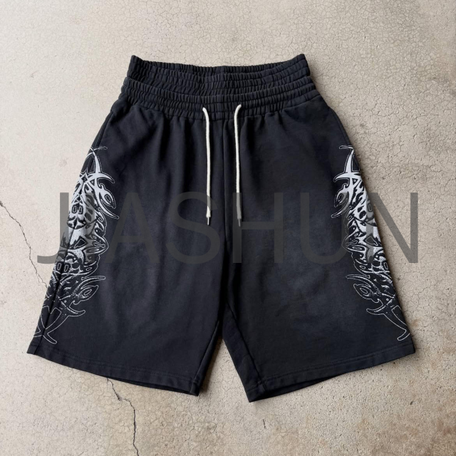 Acid Wash Double Waist Shorts with Digital Printing