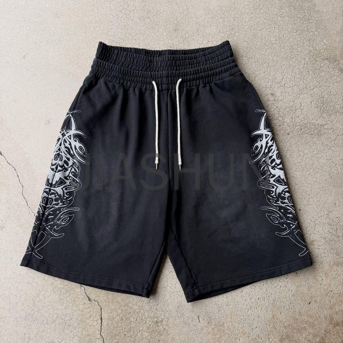 Acid Wash Double Waist Shorts with Digital Printing