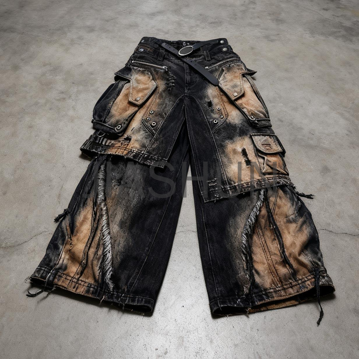 Vintage Wash Distressed Double-Waisted Heavyweight Loose Jeans