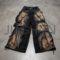 Vintage Wash Distressed Double-Waisted Heavyweight Loose Jeans