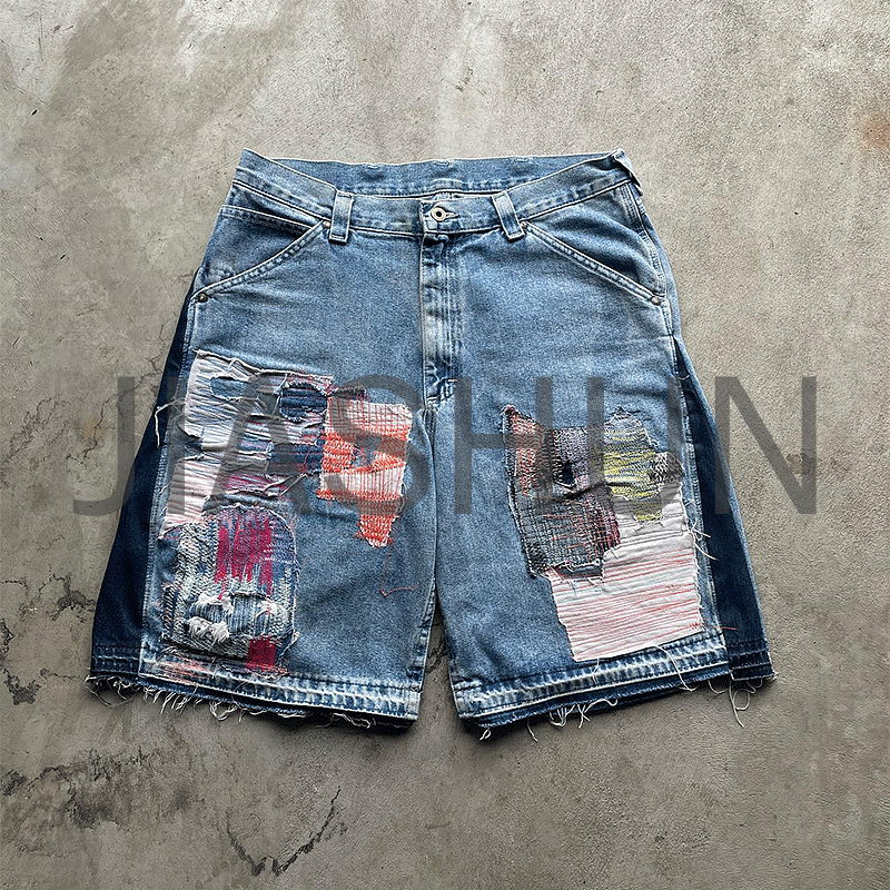 Distressed Embroidery Patch Raw Hem Denim Shorts