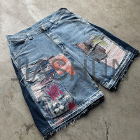 Distressed Embroidery Patch Raw Hem Denim Shorts