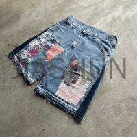 Distressed Embroidery Patch Raw Hem Denim Shorts