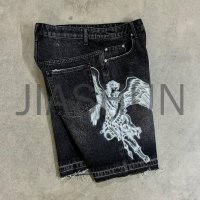Stonewashed Mid-Waist Straight Denim Shorts Screen Printed