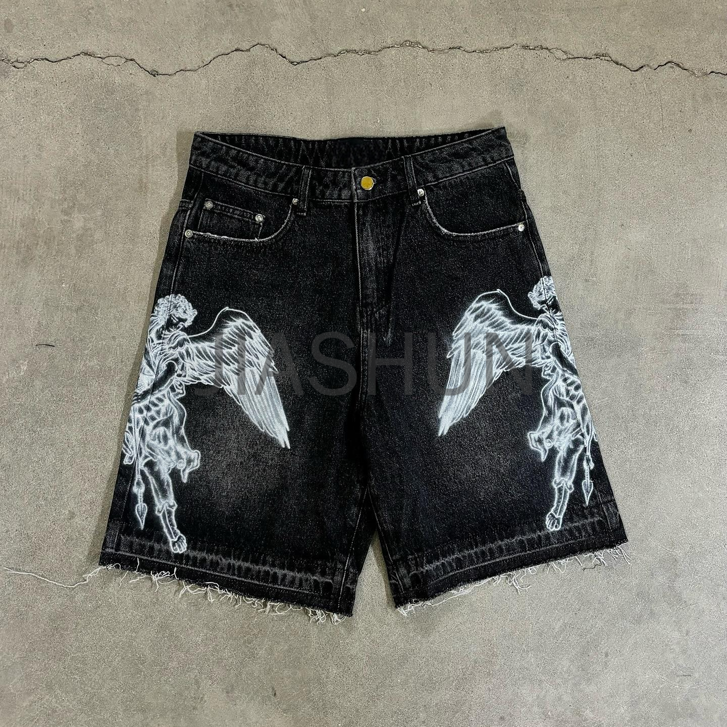 Stonewashed Mid-Waist Straight Denim Shorts Screen Printed