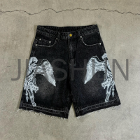 Stonewashed Mid-Waist Straight Denim Shorts Screen Printed