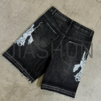 Stonewashed Mid-Waist Straight Denim Shorts Screen Printed